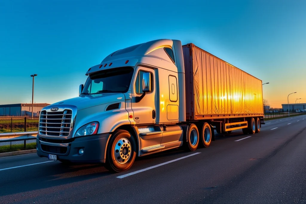 A professional used semi-trailer truck parked on a clean asphalt road in a Russian industrial area at golden hour, with subtle signs of wear but well-maintained, surrounded by distant warehouses and a clear blue sky, realistic lighting, no text or logos visible
