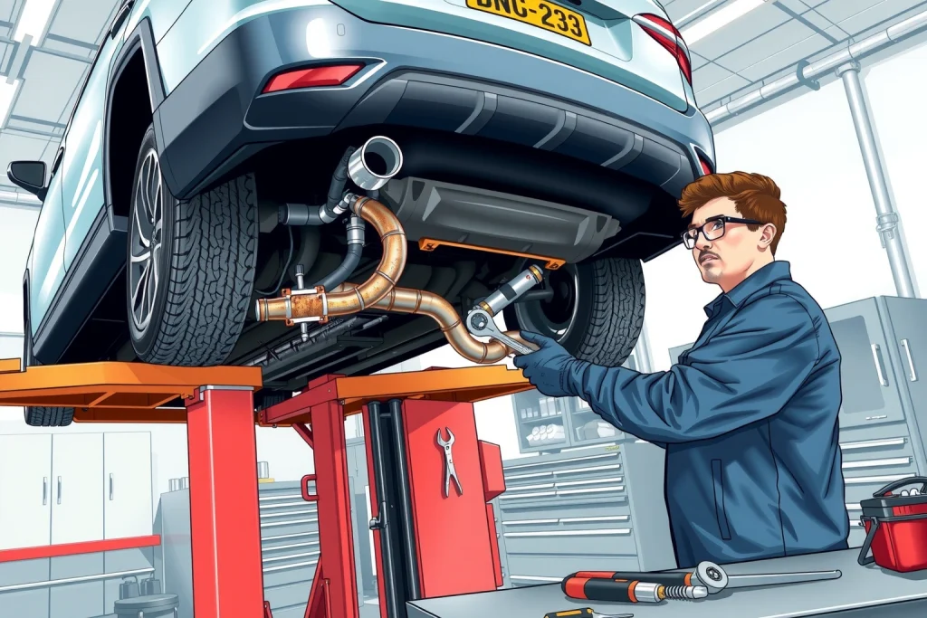 A detailed illustration of a mechanic repairing the exhaust system of a Bestune T33 SUV in a modern auto workshop, showing the vehicle lifted on a hydraulic lift, the mechanic wearing work gloves and safety glasses, using a wrench to disconnect a rusted exhaust pipe, with visible exhaust components like the catalytic converter, muffler, resonator, and tailpipe partially removed, tools scattered neatly on a workbench nearby, soft overhead lighting, clean industrial background with tool cabinets a