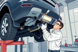 A detailed illustration of a mechanic repairing the exhaust system of a Bestune T33 SUV in a modern auto service garage, showing the vehicle lifted on a hydraulic jack, the mechanic wearing work gloves and safety glasses, using a wrench to disconnect a rusted exhaust pipe near the rear axle, with visible exhaust components like the catalytic converter, muffler, and tailpipe, tools scattered on a workbench nearby, soft overhead lighting, clean and professional environment