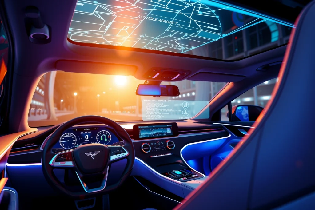 A modern car interior with advanced technological innovations: holographic dashboard display, augmented reality windshield showing navigation, voice-controlled AI assistant interface, wireless charging pad, and ambient LED lighting, all rendered in sleek, futuristic design with soft ambient glow and high detail