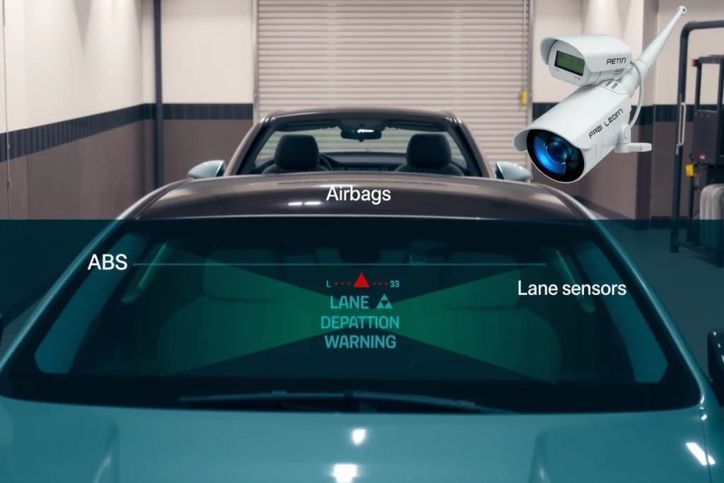 A modern car parked in a secure garage with advanced safety features visible: airbags, ABS sensors, lane departure warning display on dashboard, and a security camera monitoring the vehicle. The scene is well-lit, realistic, and emphasizes automotive safety technology. No text, logos, or license plates visible.