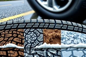 A high-performance tire gripping various road surfaces including wet asphalt, gravel, mud, and ice, with dynamic motion blur showing traction and stability, close-up view of tread pattern deforming to adapt to each surface, realistic lighting and detailed rubber texture, no text or logos