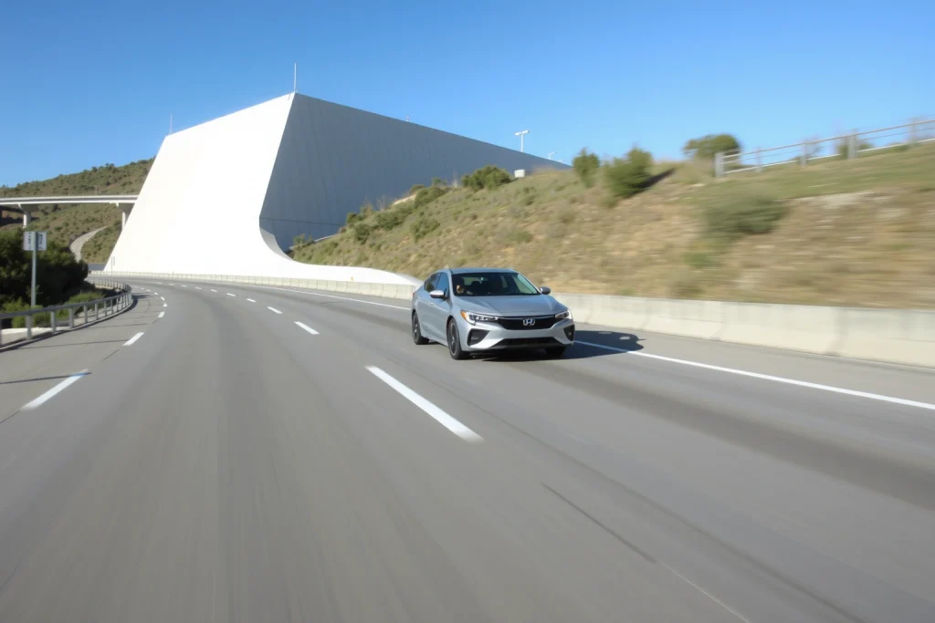 A modern, reliable car driving smoothly on a clean, well-maintained highway under a clear blue sky, with visible road markings, gentle curves, and a sense of calm motion — emphasizing stability and safety. The vehicle is centered, slightly angled forward, with soft natural lighting highlighting its sleek design. No people, text, logos, or license plates visible.