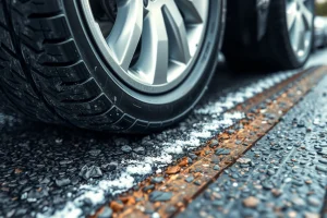 A close-up of a high-performance tire gripping various road surfaces including wet asphalt, gravel, snow, and dry pavement, with visible tread patterns and realistic texture details showing superior traction, dynamic motion blur suggesting movement, and subtle sparks or dust particles emphasizing contact force