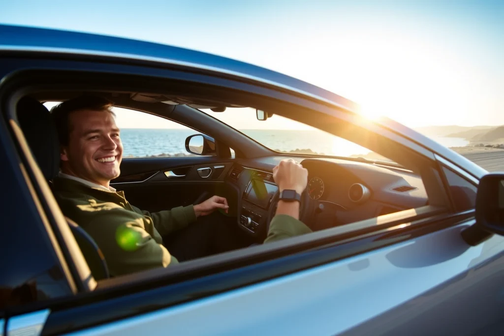 A joyful driver smiling while gripping a modern steering wheel inside a sleek car interior, with new high-performance alloy wheels visible through the open door, sunlight streaming in, motion blur suggesting smooth driving on a scenic coastal road, luxurious and dynamic atmosphere