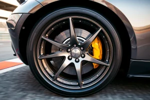 A dynamic close-up of high-performance racing wheels with carbon fiber rims, sleek metallic spokes, and glowing brake calipers, mounted on a professional sports car tire, set against a blurred racetrack background with motion blur to convey speed, dramatic lighting highlighting texture and shine, no text or logos visible