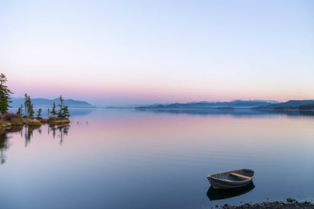 A serene landscape featuring a calm lake reflecting a soft gradient sky at twilight, with distant mountains silhouetted against the horizon and gentle ripples on the water surface, surrounded by sparse evergreen trees and a single wooden rowboat moored near the shore, no people or animals visible