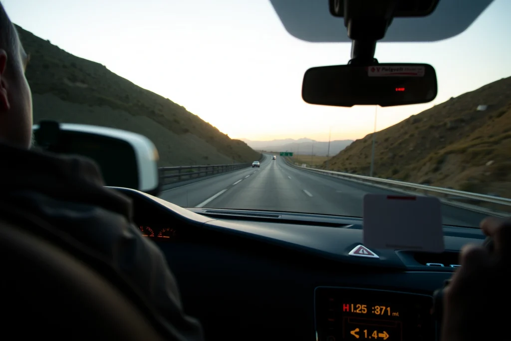 A modern car driving safely on a highway at sunset, with visible safety features like airbags deploying subtly, lane departure warning indicators on the dashboard, and blind-spot monitoring sensors glowing softly on the side mirrors; the road is clear, surrounded by gentle hills and a calm sky, emphasizing security and advanced automotive technology