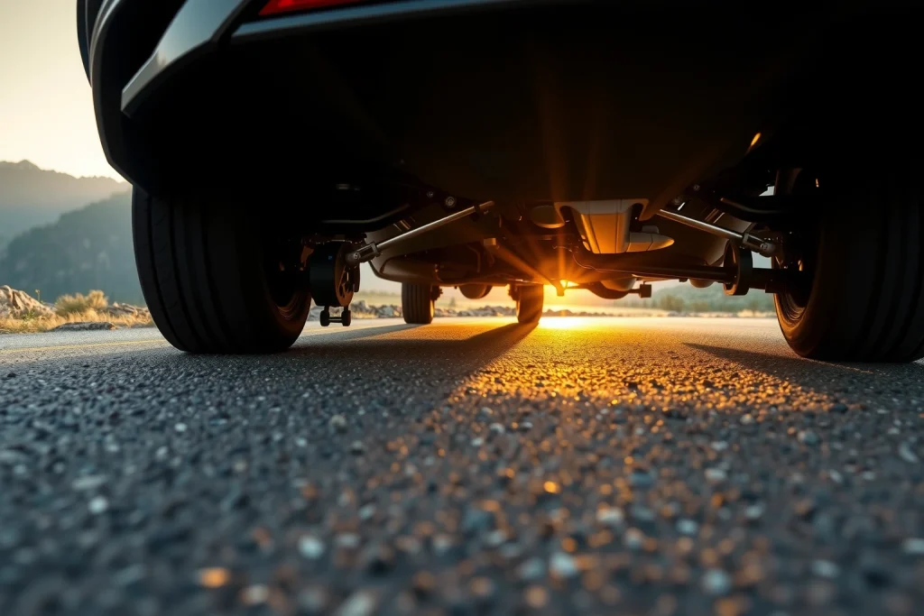 A modern car driving smoothly on a winding mountain road at sunset, with visible suspension components absorbing bumps, dynamic motion blur on wheels, sharp focus on the vehicle's chassis and tires, soft golden hour lighting, realistic reflections on the car's surface, detailed road texture with gravel and asphalt, no people, no text, no logos, no signs