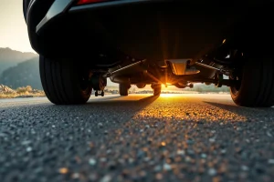 A modern car driving smoothly on a winding mountain road at sunset, with visible suspension components absorbing bumps, dynamic motion blur on wheels, sharp focus on the vehicle's chassis and tires, soft golden hour lighting, realistic reflections on the car's surface, detailed road texture with gravel and asphalt, no people, no text, no logos, no signs