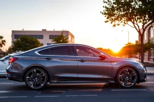 A modern car with five stylish accessories: sleek alloy wheels, a carbon fiber rear spoiler, LED underglow lighting, a custom leather-wrapped steering wheel, and a panoramic sunroof, all displayed on a clean urban street at golden hour with soft natural lighting and subtle reflections on wet pavement