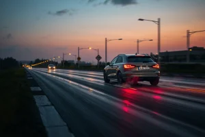 A modern car smoothly braking on a wet asphalt road at dusk, with visible tire marks and water spray, headlights on, in a realistic urban setting with streetlights and distant buildings, emphasizing safe and effective deceleration