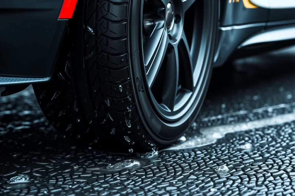A high-performance car tire gripping a wet asphalt road with visible tread patterns and water displacement, emphasizing precise traction and control, dynamic motion blur on the background, realistic lighting, no text or symbols