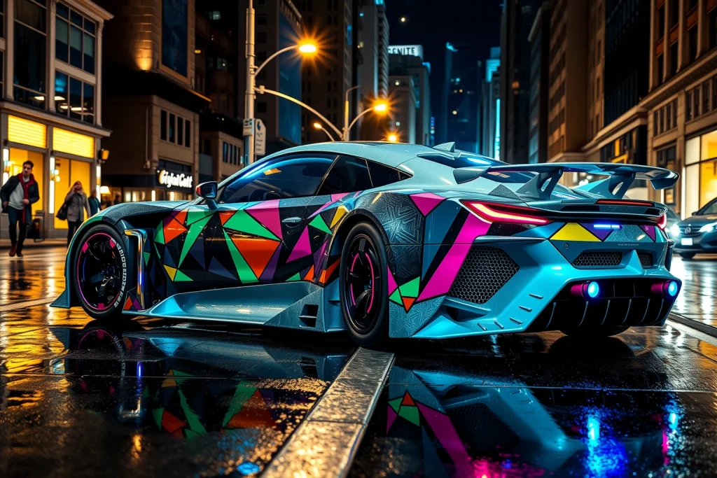 A futuristic car with a unique, custom design featuring vibrant geometric patterns, neon accents, and aerodynamic bodywork, parked on a reflective wet city street at night under glowing streetlights, with subtle reflections of skyscrapers and passing lights on the surface, emphasizing individuality and high-end automotive artistry