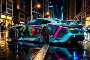 A futuristic car with a unique, custom design featuring vibrant geometric patterns, neon accents, and aerodynamic bodywork, parked on a reflective wet city street at night under glowing streetlights, with subtle reflections of skyscrapers and passing lights on the surface, emphasizing individuality and high-end automotive artistry