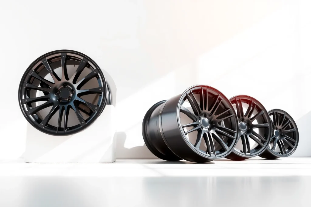 A set of modern, fuel-efficient car wheels with aerodynamic design, made of lightweight alloy, displayed on a clean white background with soft natural lighting, emphasizing sleek contours and precision engineering for cost-saving performance