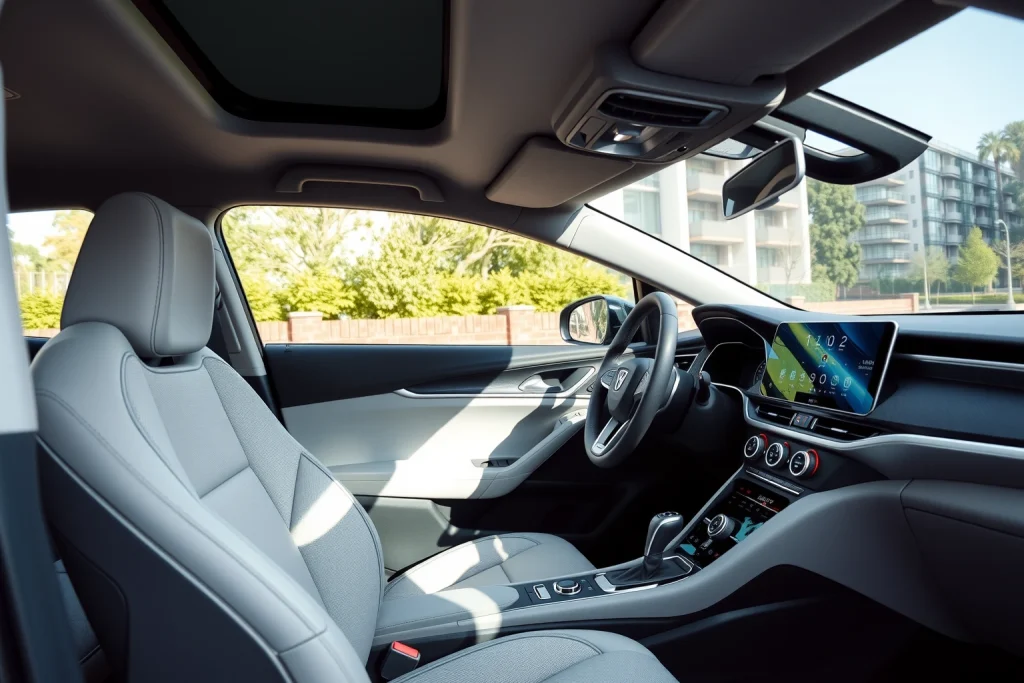 A modern, ergonomic car interior with intuitive dashboard layout, comfortable driver seat, touchscreen infotainment system, steering wheel with multifunction controls, ambient lighting, and clear visibility through the windshield — designed for functionality and thoughtful ergonomics for every driver, realistic lighting, high detail