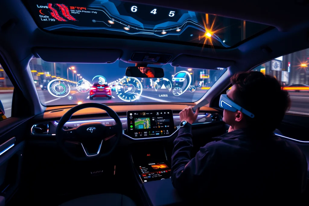 A futuristic car interior with holographic dashboard displays, augmented reality windshield showing navigation and speed, smart steering wheel with touch controls, ambient LED lighting, and a driver wearing AR glasses interacting with voice-activated AI assistant, all set in a sleek, modern electric vehicle at night with city lights blurred outside