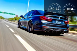 A dynamic scene showing a modern car on a highway with visible performance upgrades: turbocharger, sport exhaust, lowered suspension, and aerodynamic body kit, with motion blur to convey speed, bright daylight, clear blue sky, and a subtle dashboard overlay showing increased horsepower and RPM gauges in the background