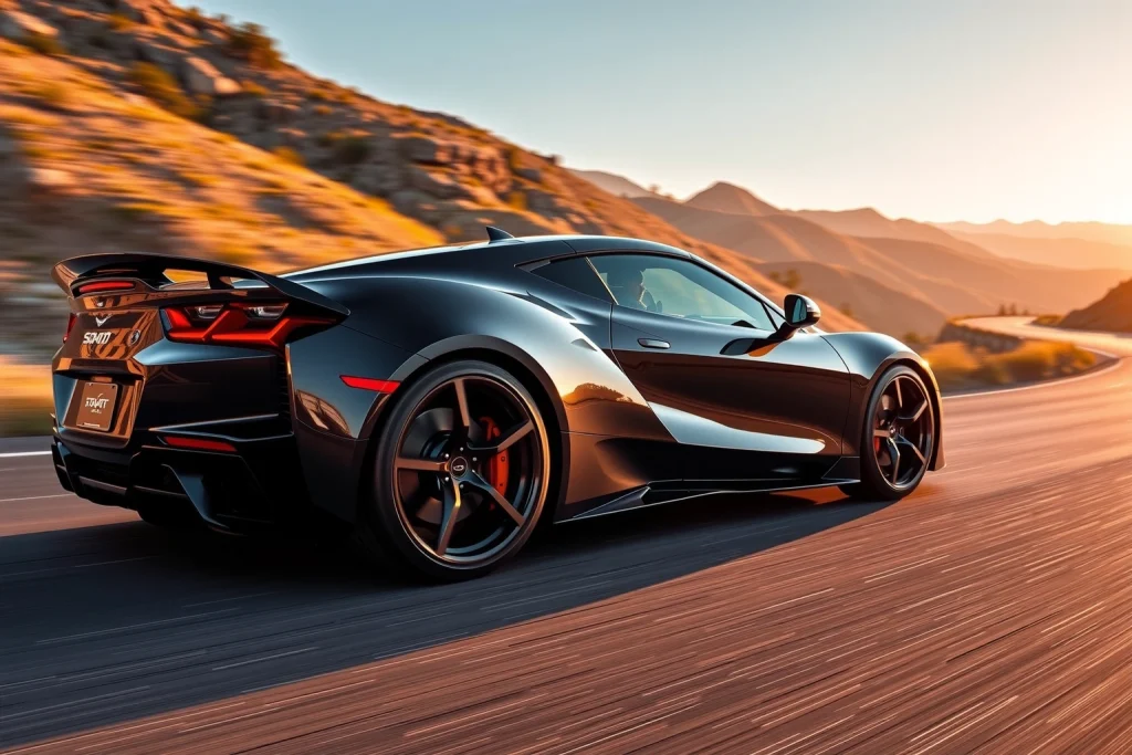 A high-performance sports car with sleek aerodynamic design, featuring premium lightweight alloy wheels with multi-spoke forged construction, glossy black finish with machined accents, and low-profile high-grip tires, positioned on a winding mountain road at golden hour with dramatic lighting and motion blur to convey speed