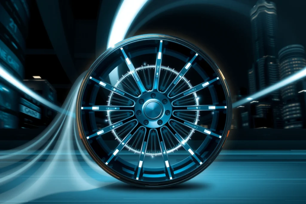 A modern, sleek wheel design with glowing energy patterns radiating from its center, symbolizing advanced technology and performance, set against a dark futuristic cityscape background with subtle motion blur to convey speed and innovation, no text or logos visible