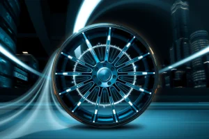 A modern, sleek wheel design with glowing energy patterns radiating from its center, symbolizing advanced technology and performance, set against a dark futuristic cityscape background with subtle motion blur to convey speed and innovation, no text or logos visible