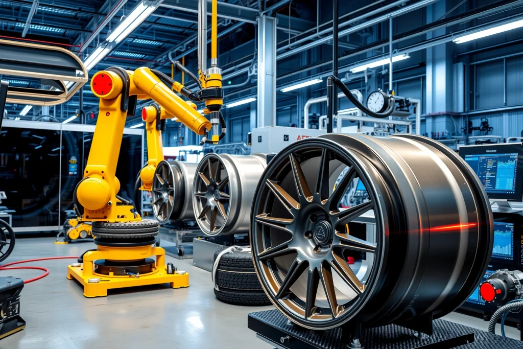 A modern wheel manufacturing facility with advanced robotic arms assembling carbon fiber wheels, precision CNC machines shaping alloy rims, automated quality control systems with laser sensors, and engineers monitoring digital dashboards displaying real-time production metrics, all set in a clean, high-tech industrial environment with soft blue and silver lighting