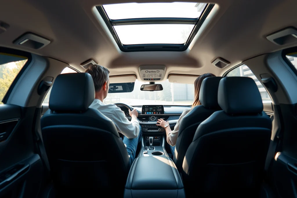A modern, ergonomic car interior designed for comfort and functionality, featuring a driver-focused dashboard with intuitive controls, adjustable seating, ambient lighting, and smart storage solutions, viewed from a slightly elevated angle to highlight thoughtful design details, with a diverse driver (gender-neutral, mid-30s, casual attire) comfortably seated and interacting with the interface, soft natural light coming through the windshield, realistic textures on leather, brushed aluminum, and