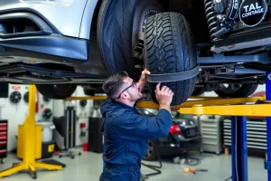 A professional mechanic precisely installing and aligning car wheels on a lift, using laser alignment tools, with focus on accurate wheel positioning and suspension adjustment, detailed tools and equipment visible, clean automotive workshop environment