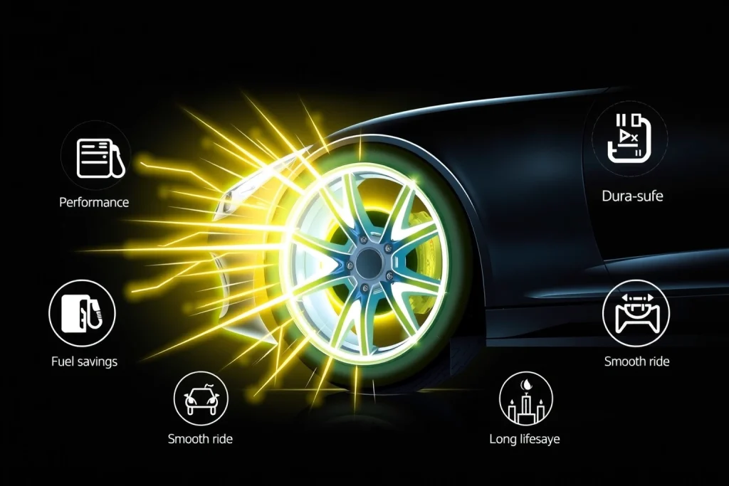A modern, high-quality illustration showing the advantages of using koleso-bestune: a sleek car wheel with glowing energy lines radiating outward, symbolizing performance, durability, and efficiency; surrounded by subtle icons representing fuel savings, smooth ride, and long lifespan — all in a clean, professional design with a futuristic yet approachable aesthetic