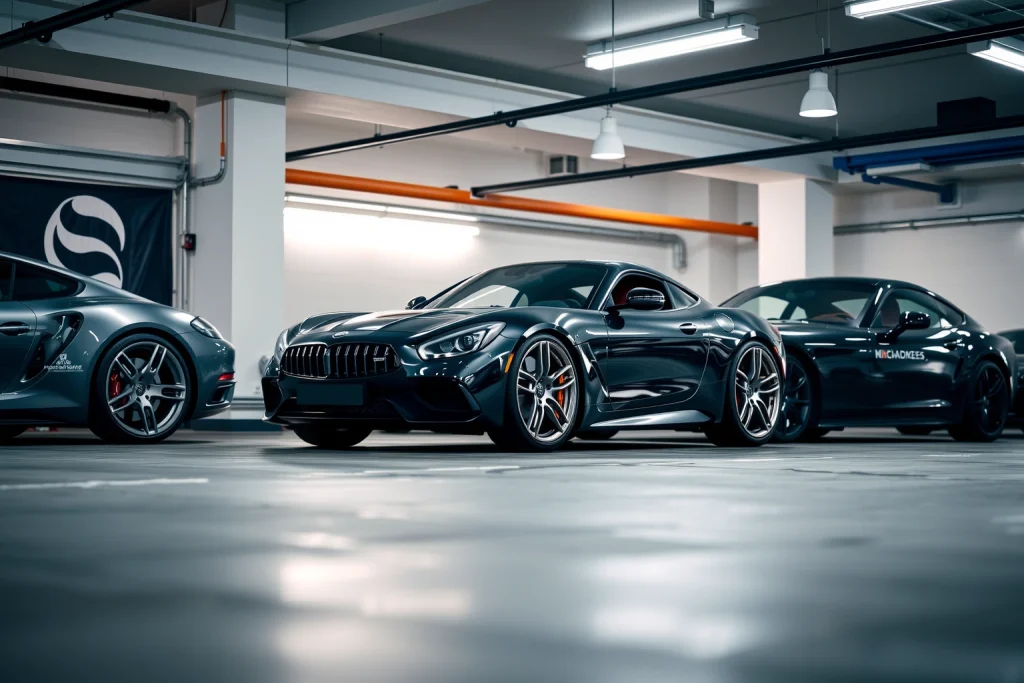 Exclusive custom wheels for luxury vehicles, featuring intricate forged alloy designs with polished chrome and matte black finishes, mounted on high-end sports cars and sedans in a sleek urban garage setting with soft ambient lighting, emphasizing craftsmanship and premium automotive detail