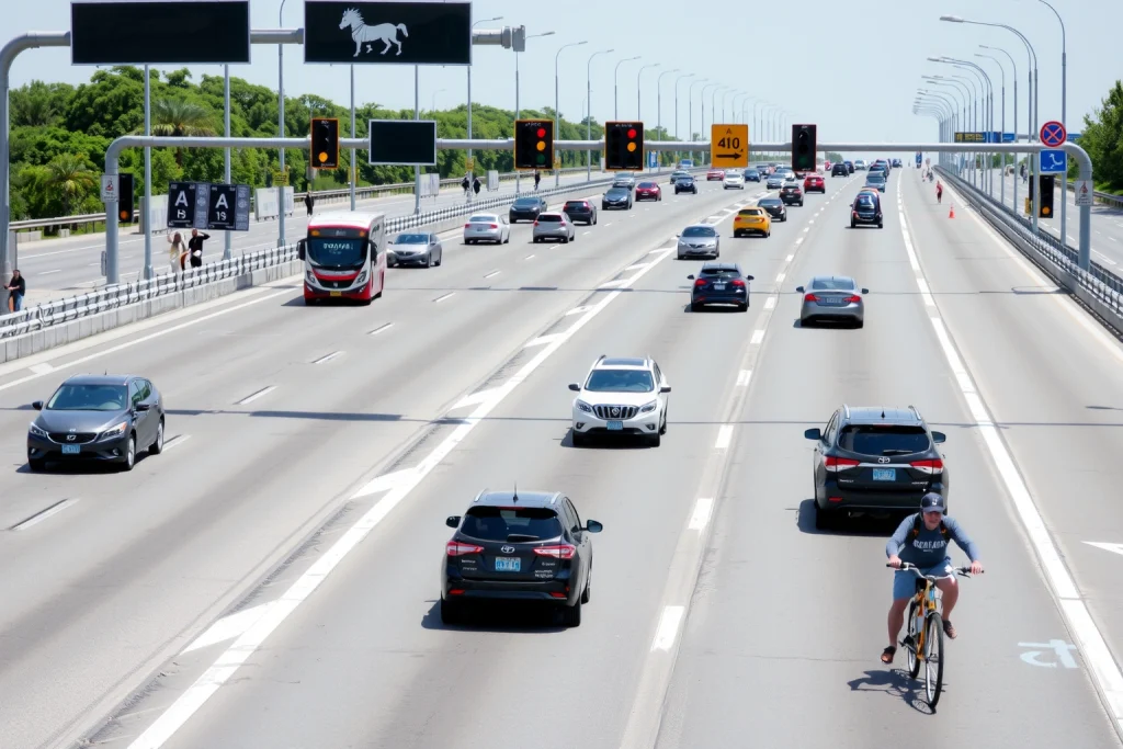 A modern highway with clear lane markings, traffic lights, pedestrian crossings, and safety barriers, showing diverse drivers and pedestrians following traffic rules, under bright daylight with good visibility, emphasizing road safety infrastructure and responsible behavior