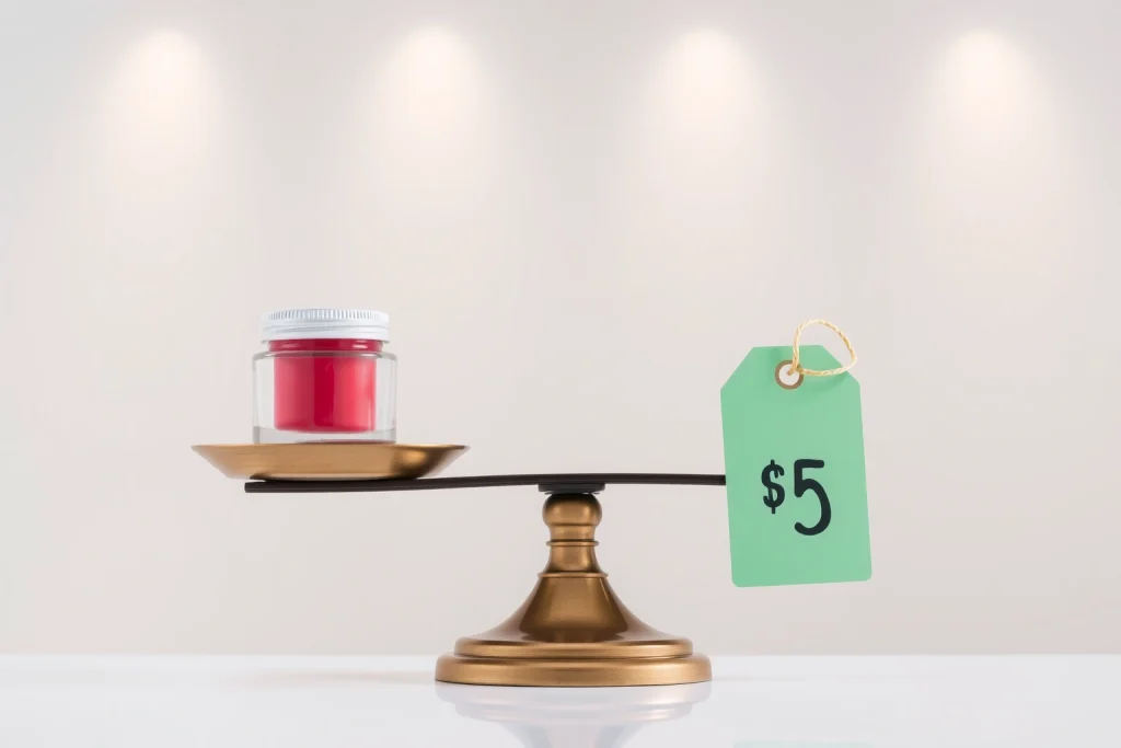 A balanced scale with a high-quality product on one side and an affordable price tag on the other, set against a clean, modern background with soft lighting, symbolizing optimal value for money