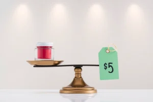A balanced scale with a high-quality product on one side and an affordable price tag on the other, set against a clean, modern background with soft lighting, symbolizing optimal value for money