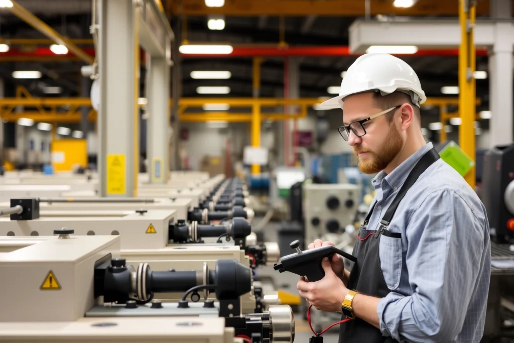 A professional engineer in a modern factory setting, inspecting high-quality machinery with precision tools, surrounded by clean, organized production lines and safety signs, conveying trust and excellence in manufacturing