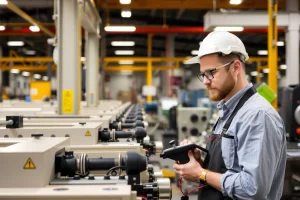 A professional engineer in a modern factory setting, inspecting high-quality machinery with precision tools, surrounded by clean, organized production lines and safety signs, conveying trust and excellence in manufacturing