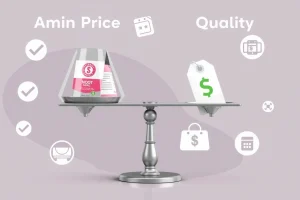 A balanced visual representation of optimal price-to-quality ratio: a scale with a high-quality product on one side and an affordable price tag on the other, both in perfect equilibrium, surrounded by subtle icons of value like a checkmark, a star rating, and a shopping bag, all rendered in a clean, modern, professional aesthetic