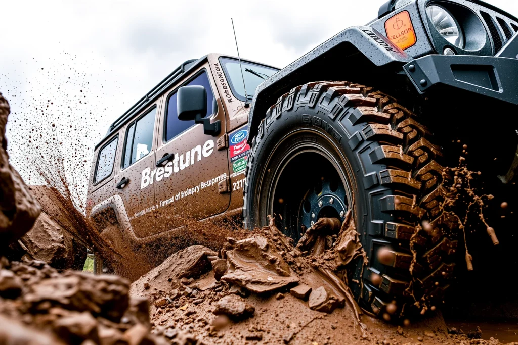A rugged off-road vehicle with enhanced traction tires from Koleso-Bestune driving through deep mud and rocky terrain, splashing water and dirt, under a cloudy sky, emphasizing superior off-road capability and durability