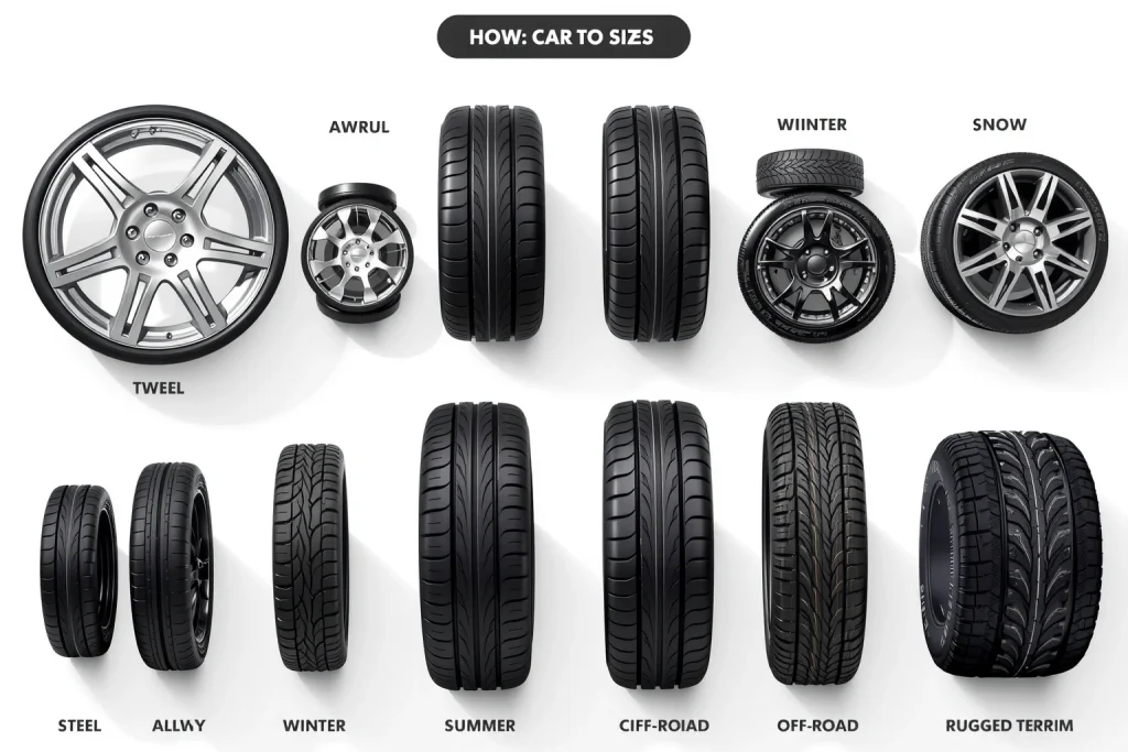 A high-quality illustration showing various car wheels of different sizes and types (steel, alloy, winter, summer, off-road) arranged neatly on a clean white background, with subtle labels indicating optimal use cases (city driving, highway, snow, rugged terrain), soft natural lighting, no text or numbers visible on the wheels or background