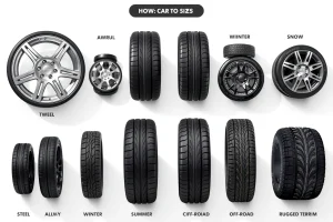 A high-quality illustration showing various car wheels of different sizes and types (steel, alloy, winter, summer, off-road) arranged neatly on a clean white background, with subtle labels indicating optimal use cases (city driving, highway, snow, rugged terrain), soft natural lighting, no text or numbers visible on the wheels or background