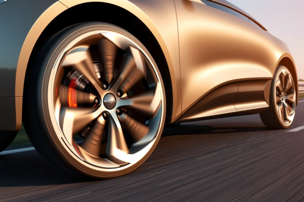 A set of futuristic car wheels with advanced aerodynamic design, featuring smooth, sculpted spokes, integrated air channels, and low-drag rims, shown on a sleek electric vehicle in motion on a highway under clear daylight, with subtle motion blur to emphasize speed and efficiency