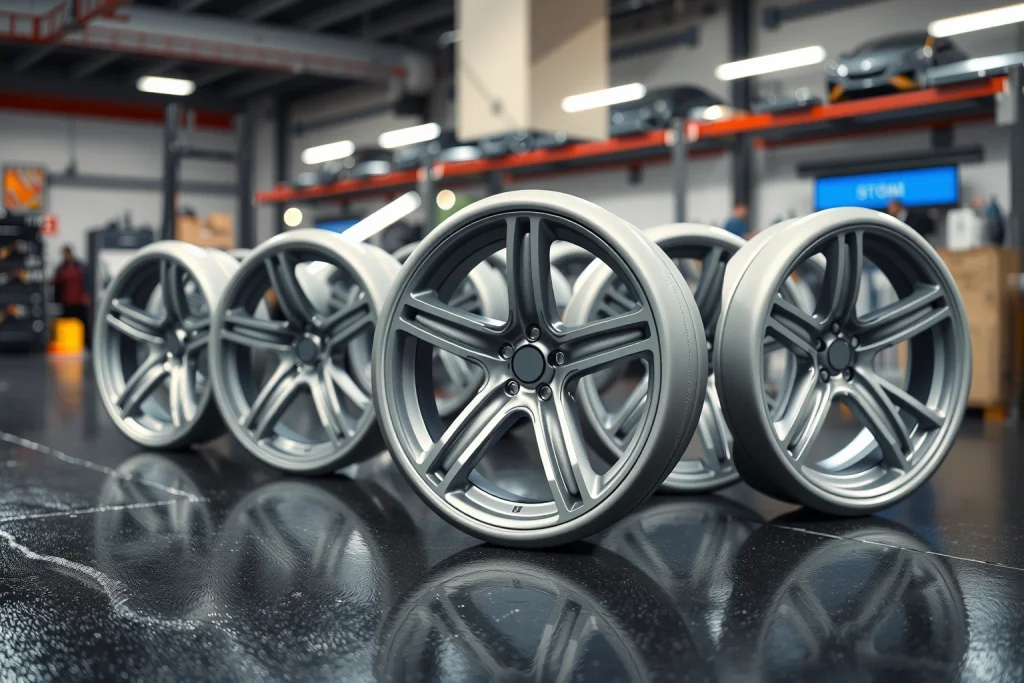 A set of futuristic car wheels with enhanced aerodynamics, featuring sleek, streamlined spokes, smooth curved rims, and subtle vortex-generating grooves to reduce drag, displayed on a reflective black asphalt surface under soft studio lighting, with a blurred high-tech automotive workshop in the background