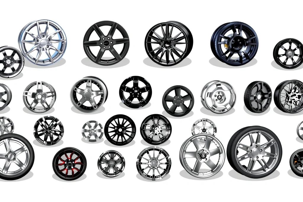 A high-quality horizontal illustration showing a diverse selection of car wheels on a clean white background, featuring various styles including alloy, steel, chrome, matte black, and custom designs with different spoke patterns, sizes, and finishes; some wheels are mounted on tires, others displayed individually, with subtle shadows and realistic lighting to emphasize texture and depth, suitable for an automotive guide on wheel selection