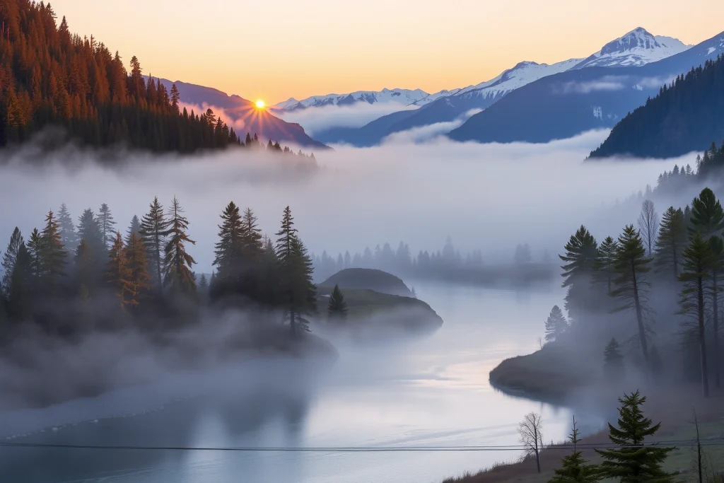 A serene landscape of a misty mountain valley at sunrise, with soft golden light filtering through pine trees, a calm river reflecting the sky, and distant snow-capped peaks under a pastel sky of peach and lavender. No people, no buildings, no text, no signs, no animals — just pure natural tranquility.