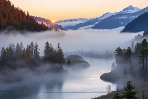 A serene landscape of a misty mountain valley at sunrise, with soft golden light filtering through pine trees, a calm river reflecting the sky, and distant snow-capped peaks under a pastel sky of peach and lavender. No people, no buildings, no text, no signs, no animals — just pure natural tranquility.