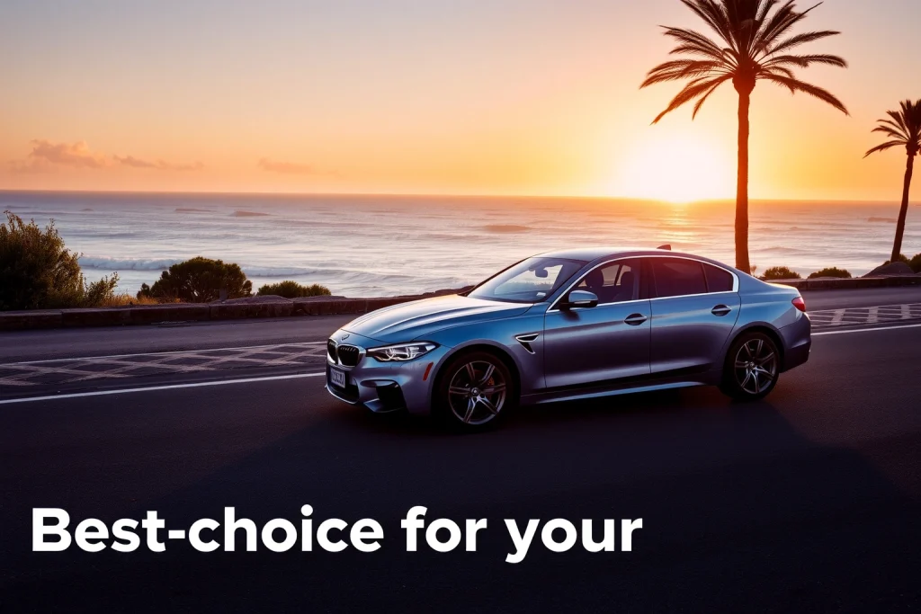 A modern, high-quality car parked on a scenic coastal road at sunset, with soft golden light reflecting off its sleek surface, surrounded by palm trees and distant ocean waves, conveying luxury, reliability, and the best choice for your vehicle