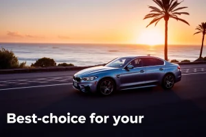 A modern, high-quality car parked on a scenic coastal road at sunset, with soft golden light reflecting off its sleek surface, surrounded by palm trees and distant ocean waves, conveying luxury, reliability, and the best choice for your vehicle