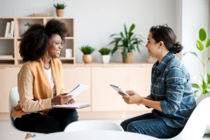 A warm, professional scene showing a consultant sitting across from a diverse client in a modern office, listening attentively with a notebook and tablet, soft natural light from a window, subtle background of shelves with books and plants, conveying personalized attention and empathy