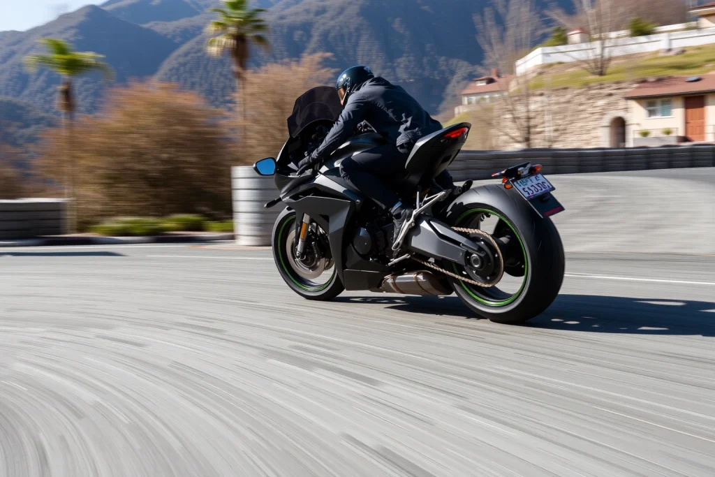A dynamic scene showing a sleek, modern vehicle (such as a sports car or motorcycle) executing a sharp turn with precision, emphasizing enhanced maneuverability and responsive handling. The vehicle is captured mid-motion with blurred background elements to convey speed, while the wheels and suspension show clear signs of agile response to steering input. The environment is a winding mountain road or urban circuit with clear visibility, daylight conditions, and subtle motion blur to highlight con