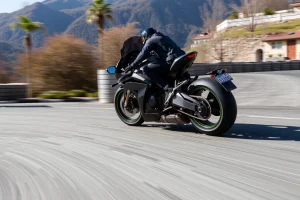 A dynamic scene showing a sleek, modern vehicle (such as a sports car or motorcycle) executing a sharp turn with precision, emphasizing enhanced maneuverability and responsive handling. The vehicle is captured mid-motion with blurred background elements to convey speed, while the wheels and suspension show clear signs of agile response to steering input. The environment is a winding mountain road or urban circuit with clear visibility, daylight conditions, and subtle motion blur to highlight con